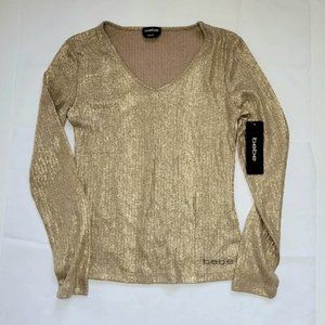 NWT! Bebe Gold Long Sleeve V Neck Sweater Size Medium